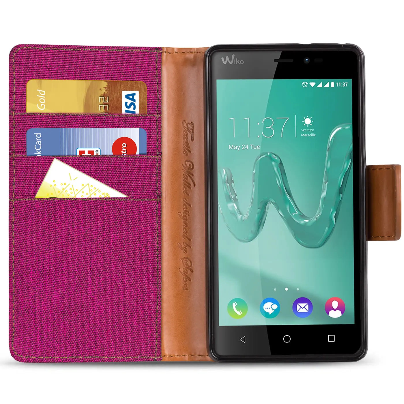 Pink Textil Klapphülle mit Kartenfach, braunes Leder, Wiko Freddy Smartphone, von vorne