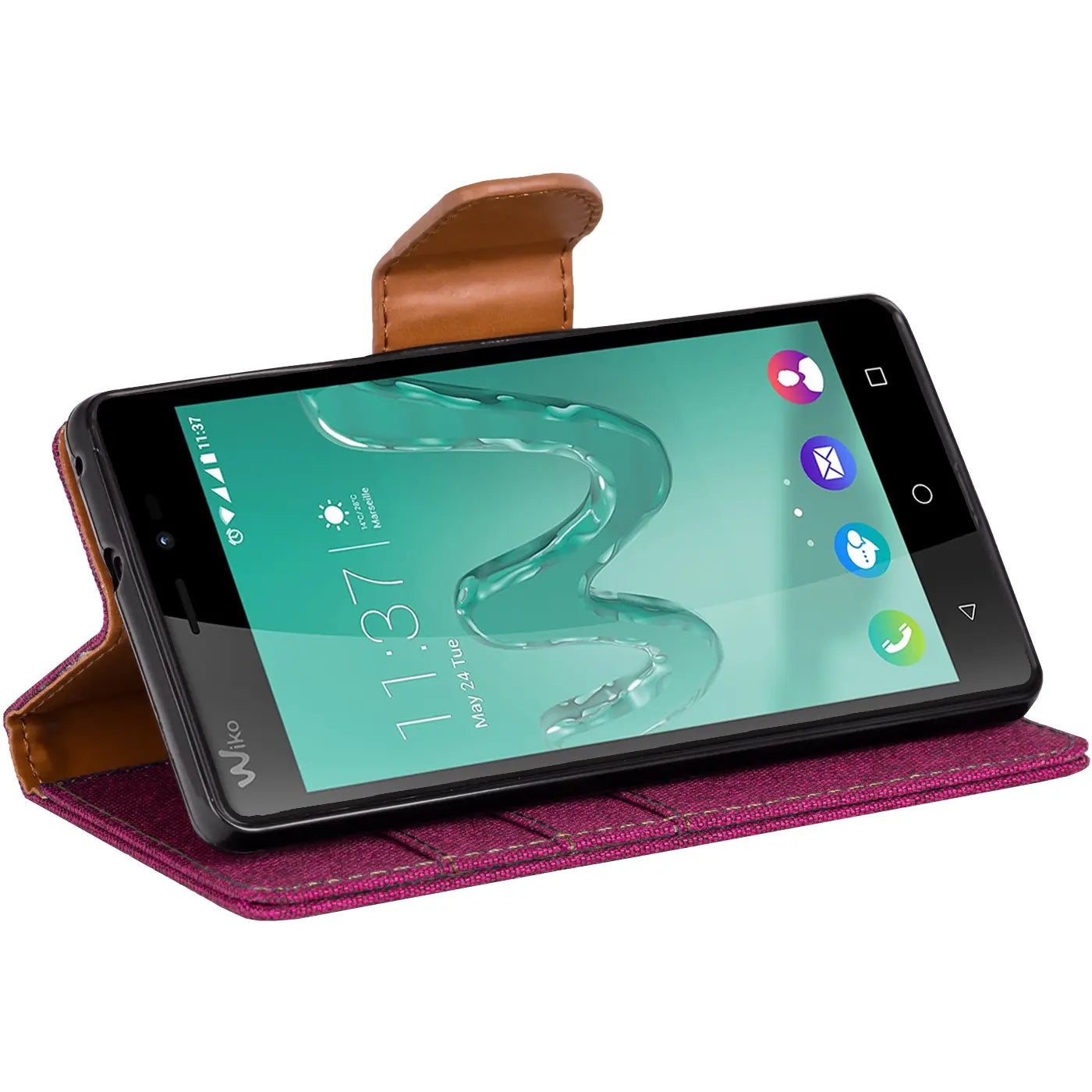 Wiko Freddy in pinker Textilhülle mit braunem Leder-Klappverschluss, von vorne schräg