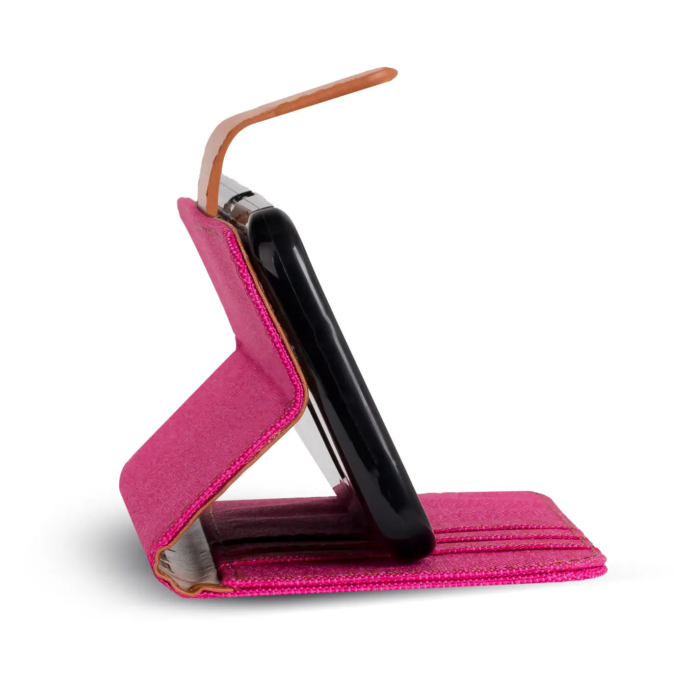 Pink Textil-Klapphülle mit Kartenfach, seitliche Ansicht, Wiko Freddy.