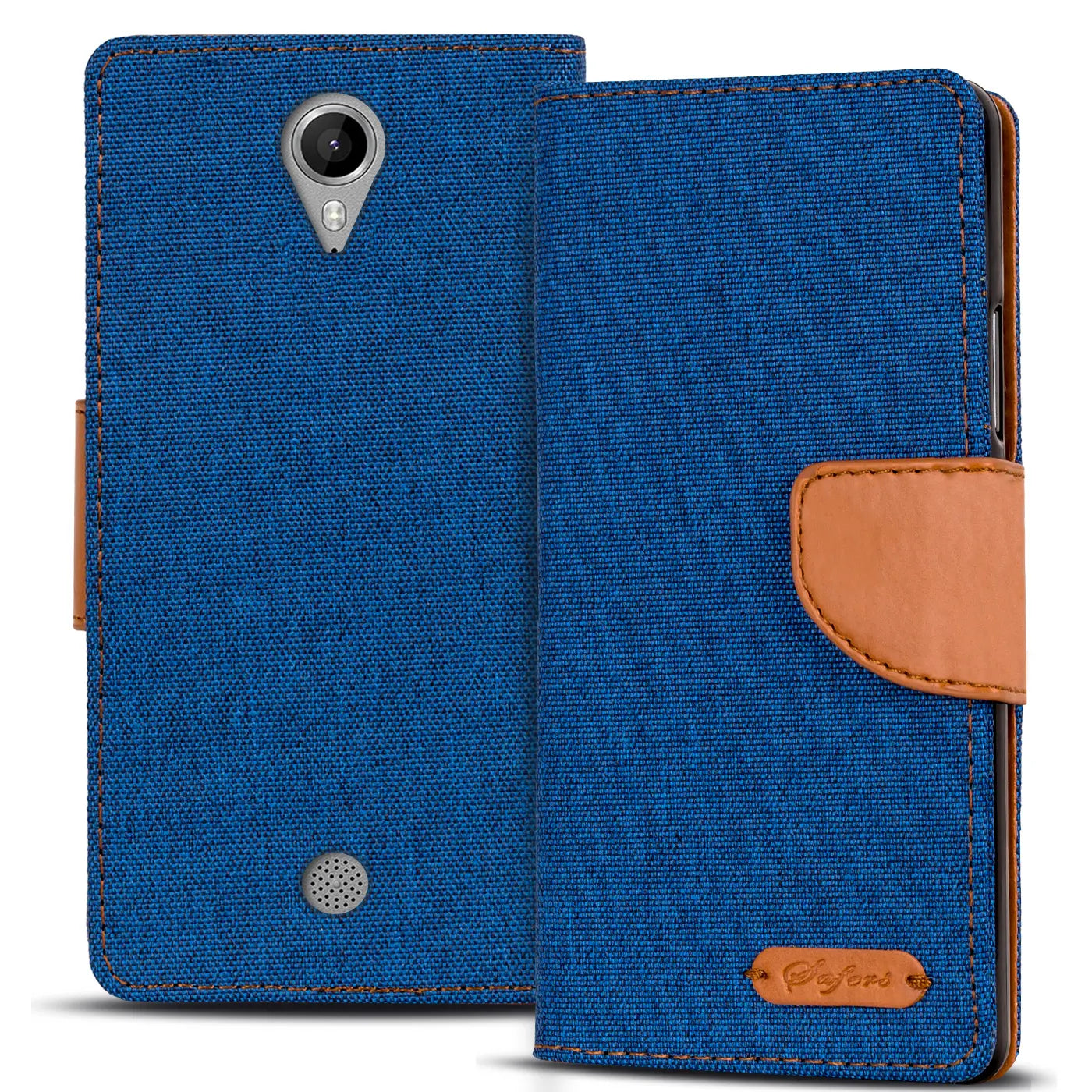 Blaue Textil-Klapphülle mit braunem Lederriemen, Vorderansicht, für Wiko Tommy.