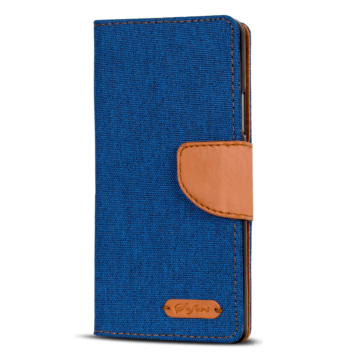 Blaue Textil-Klapphülle mit braunem Leder-Verschluss, Seitenansicht.