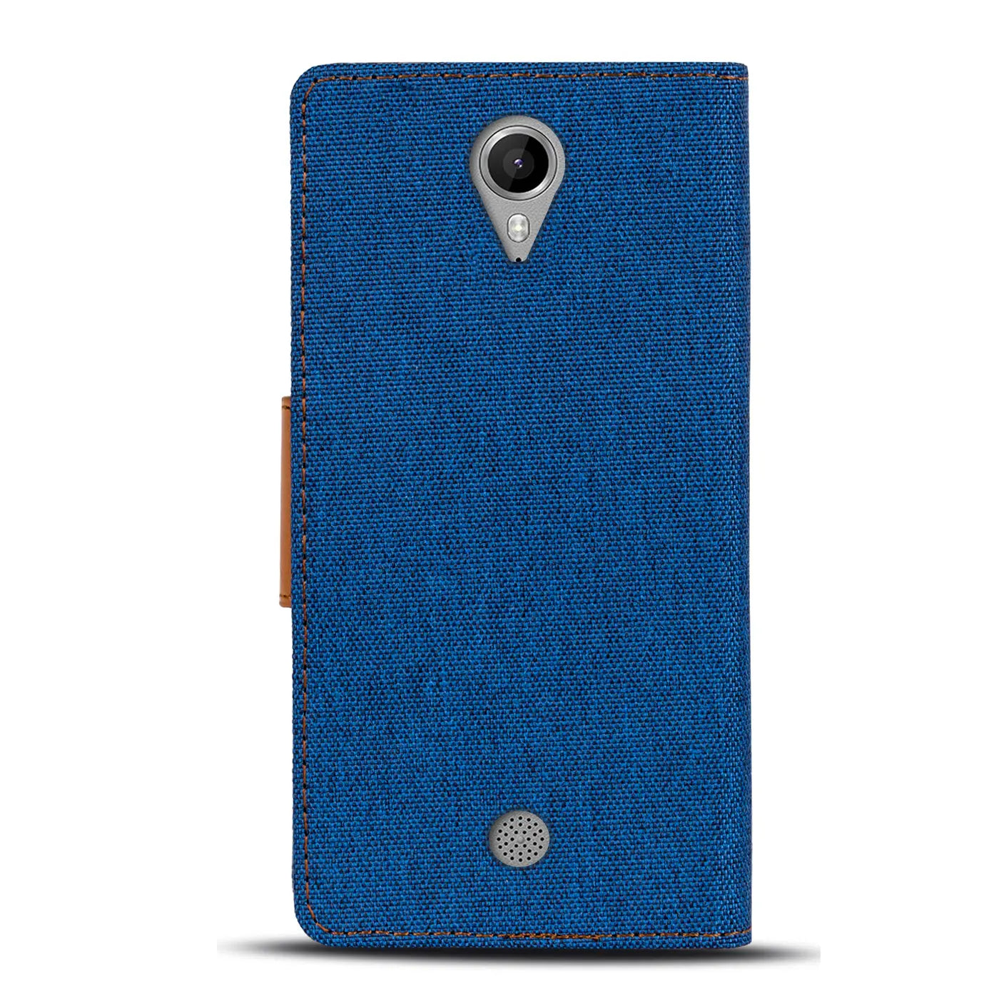 Blaue Textil-Klapphülle mit braunem Lederriemen, Vorderansicht, Wiko Tommy.