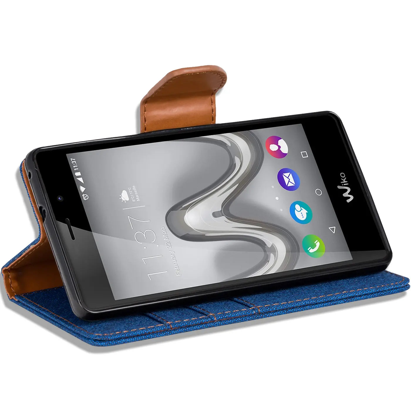 Blaues Textil-Klapphülle mit braunem Lederverschluss, Wiko Tommy Smartphone, von vorne