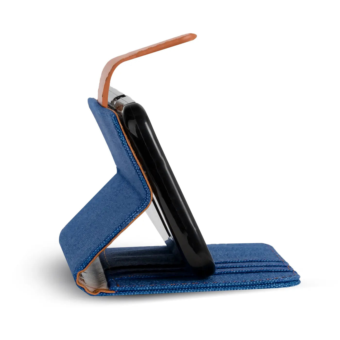 Blaue Textil-Klapphülle mit braunem Lederriemen, Wiko Tommy, Seitenansicht.