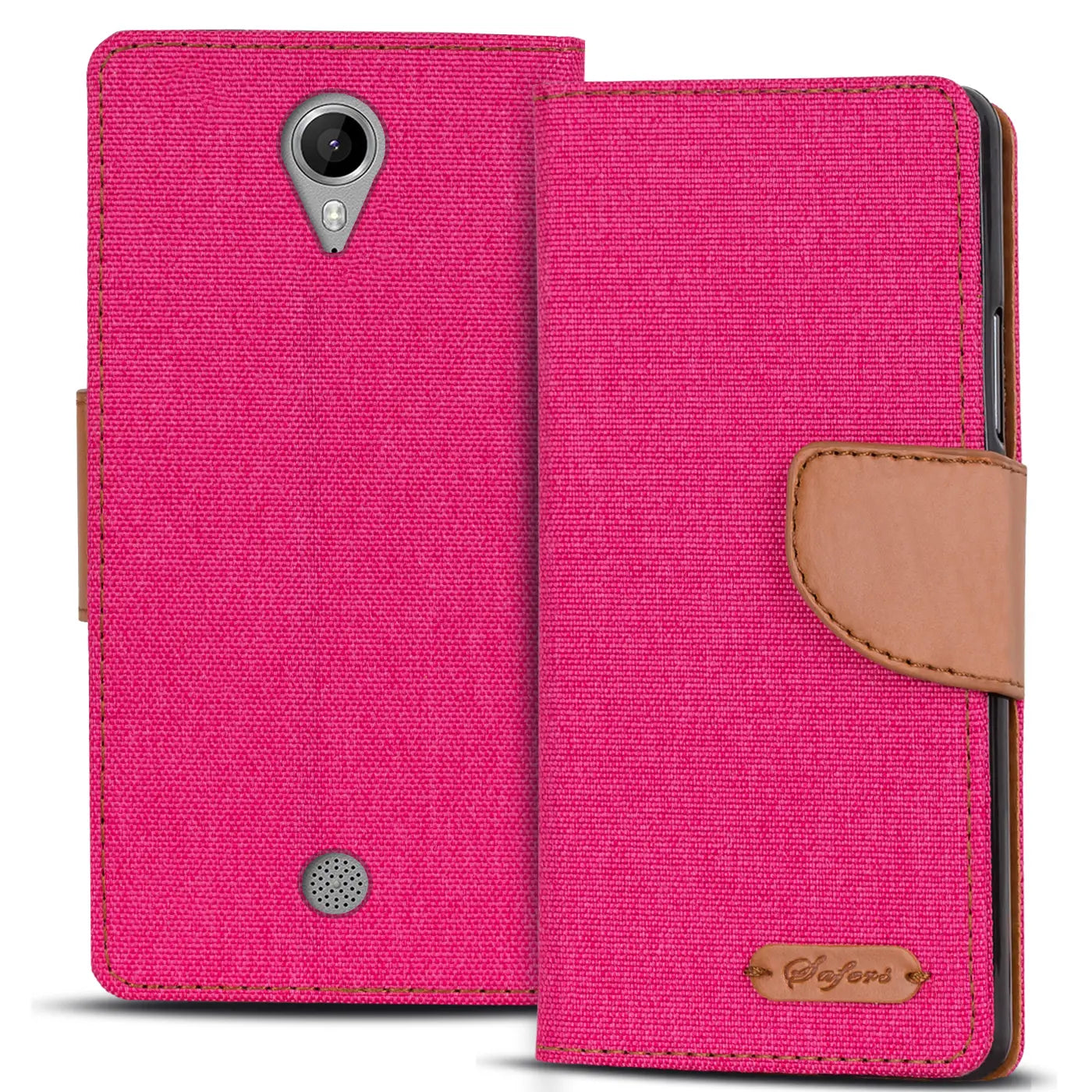 Pink Textil Klapphülle mit braunem Lederdetail, Vorderansicht, für Wiko Tommy.