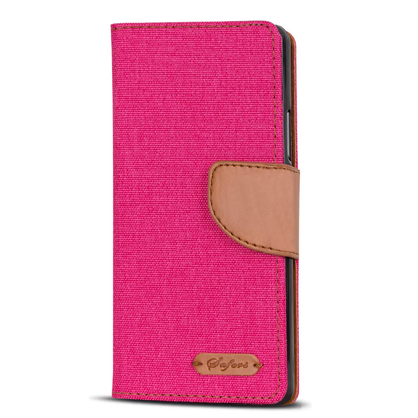 Pink Textil-Klapphülle mit braunem Lederriemen, geschlossen, für Wiko Tommy.