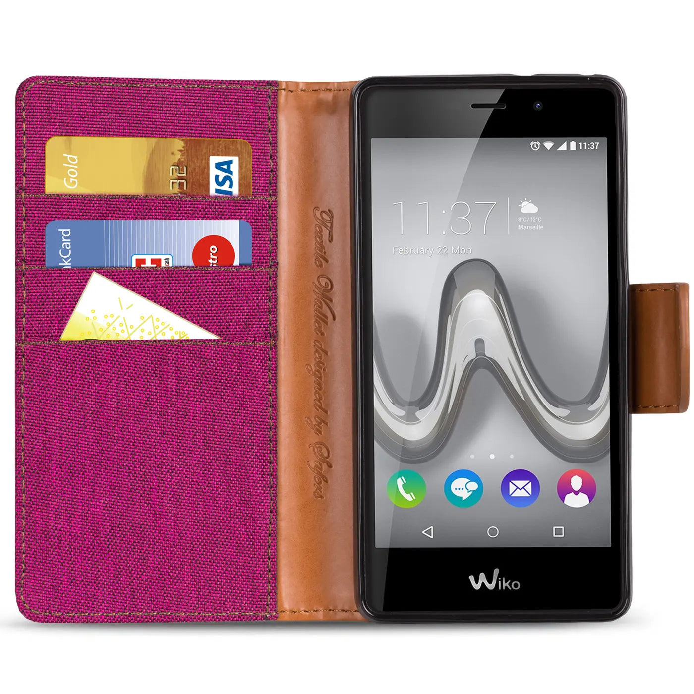 Wiko Tommy Klapphülle, Textil/Leder, Pink/Braun, Vorderansicht, Kartenfach