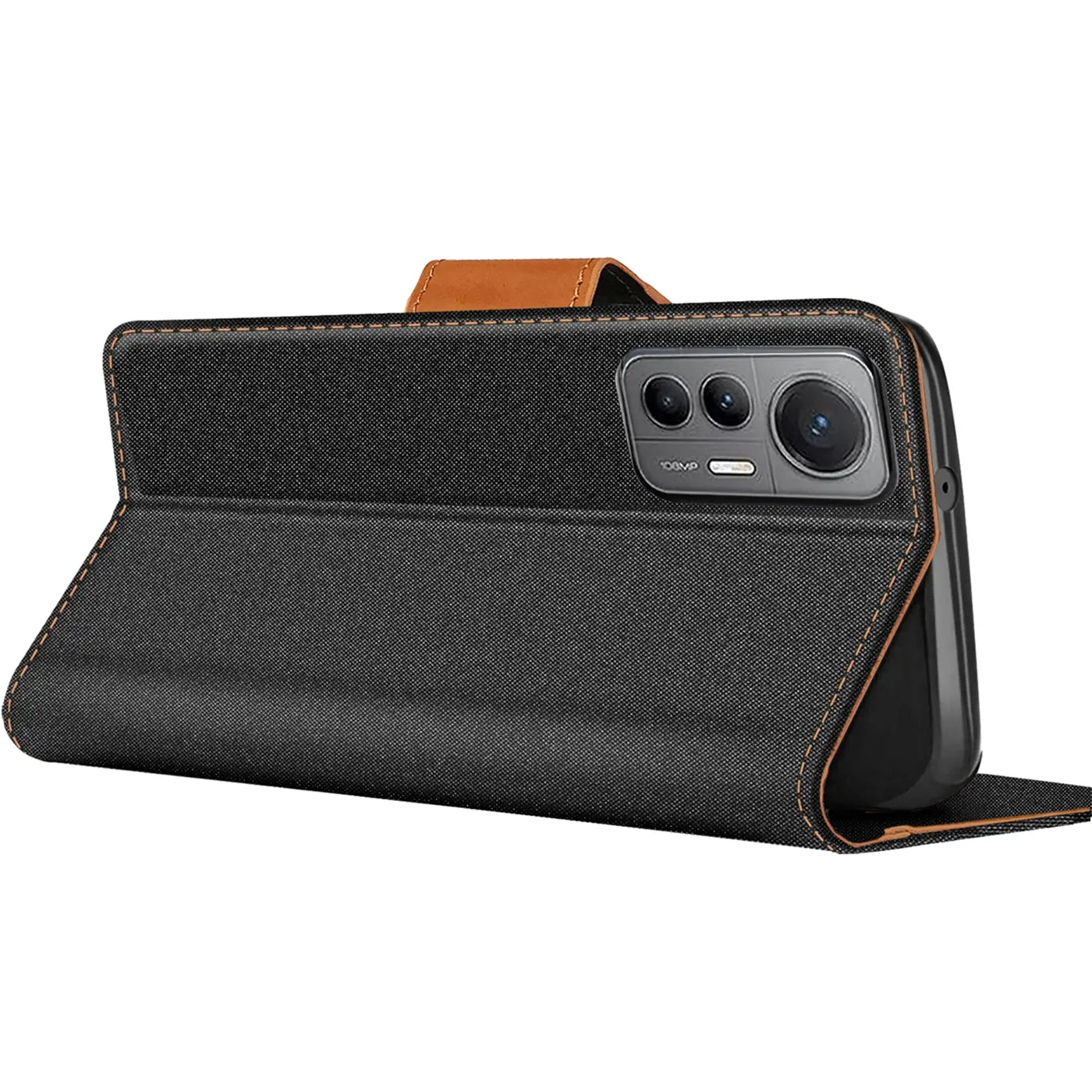 Schwarze Textil-Klapphülle mit braunem Lederriemen, seitliche Ansicht, zeigt Xiaomi 12 Lite 5G.