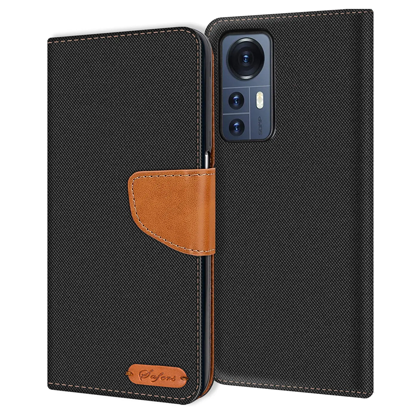 Schwarze Textil-Klapphülle mit braunem Lederakzent, zeigt Xiaomi 12/12X Rückseite.