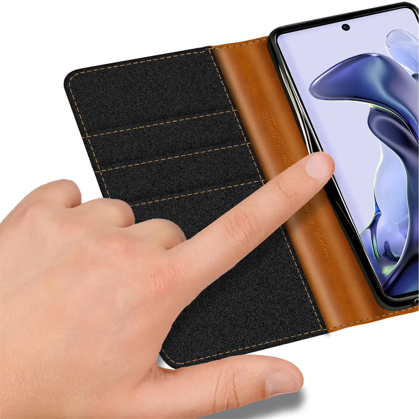 Textil-Klapphülle, schwarz/braun, mit Kartenfach, für Xiaomi 12/12X, von oben