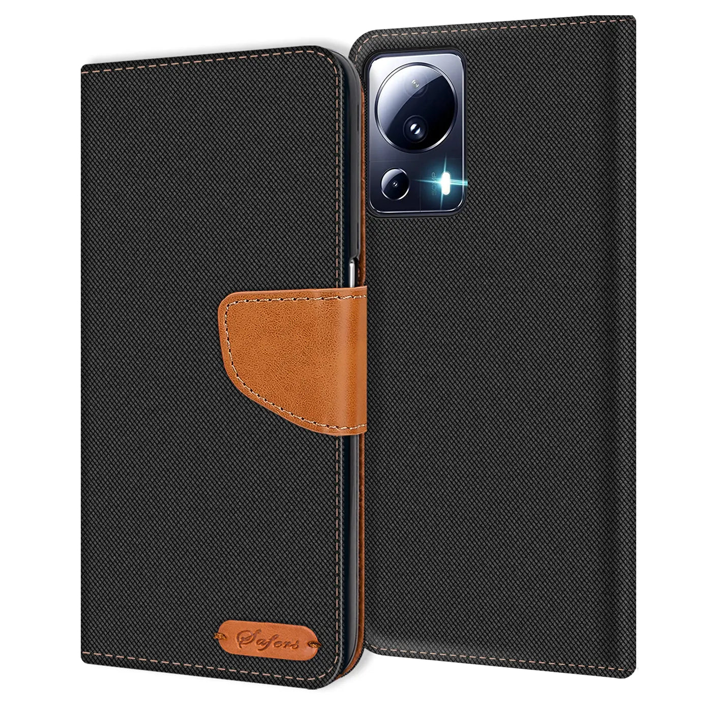 Schwarze Textil-Klapphülle mit braunem Lederriemen, zeigt Xiaomi 13 Lite, Vorderansicht.