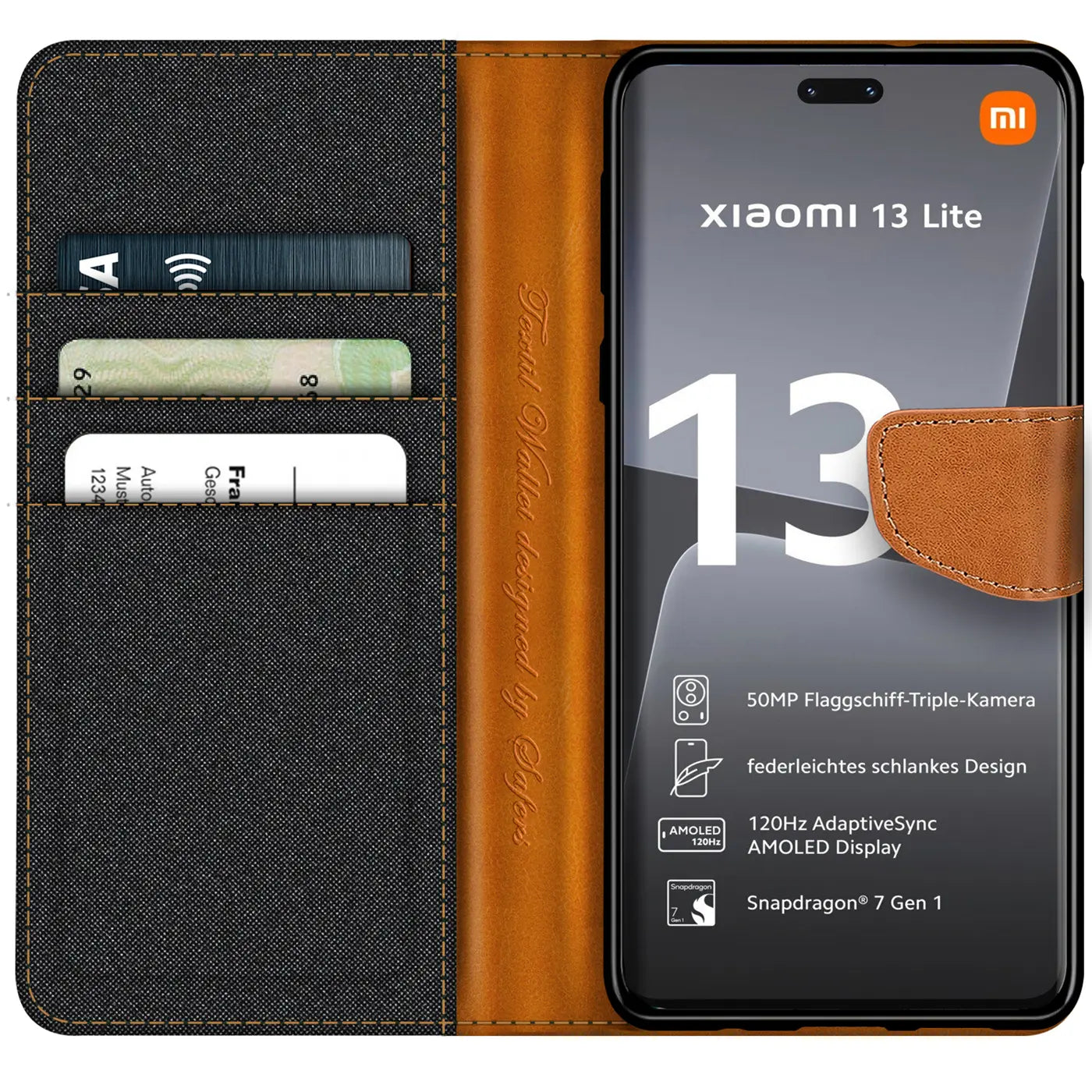 Textil-Klapphülle mit Kartenfach für Xiaomi 13 Lite, schwarz/braun, von vorne