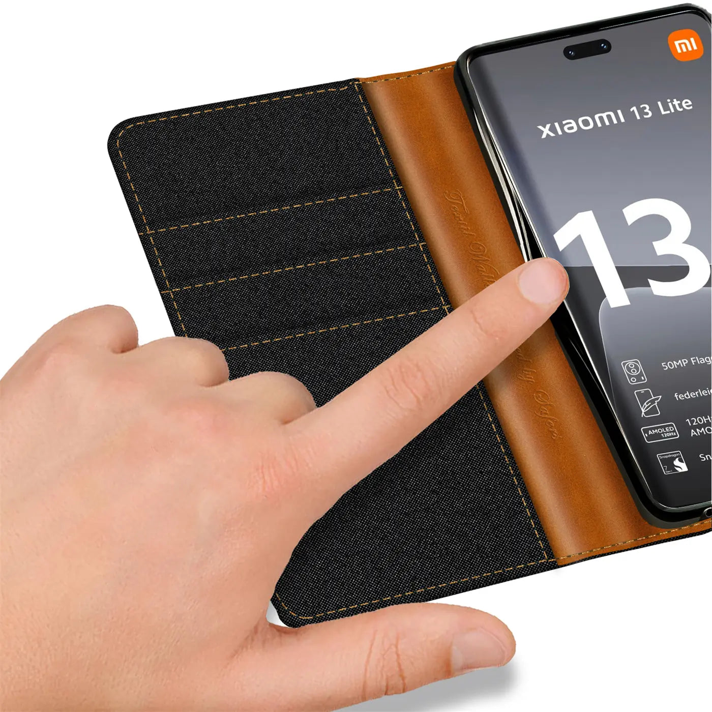 Schwarze Textil-Klapphülle mit braunen Lederdetails und Kartenfach, zeigt Xiaomi 13 Lite.