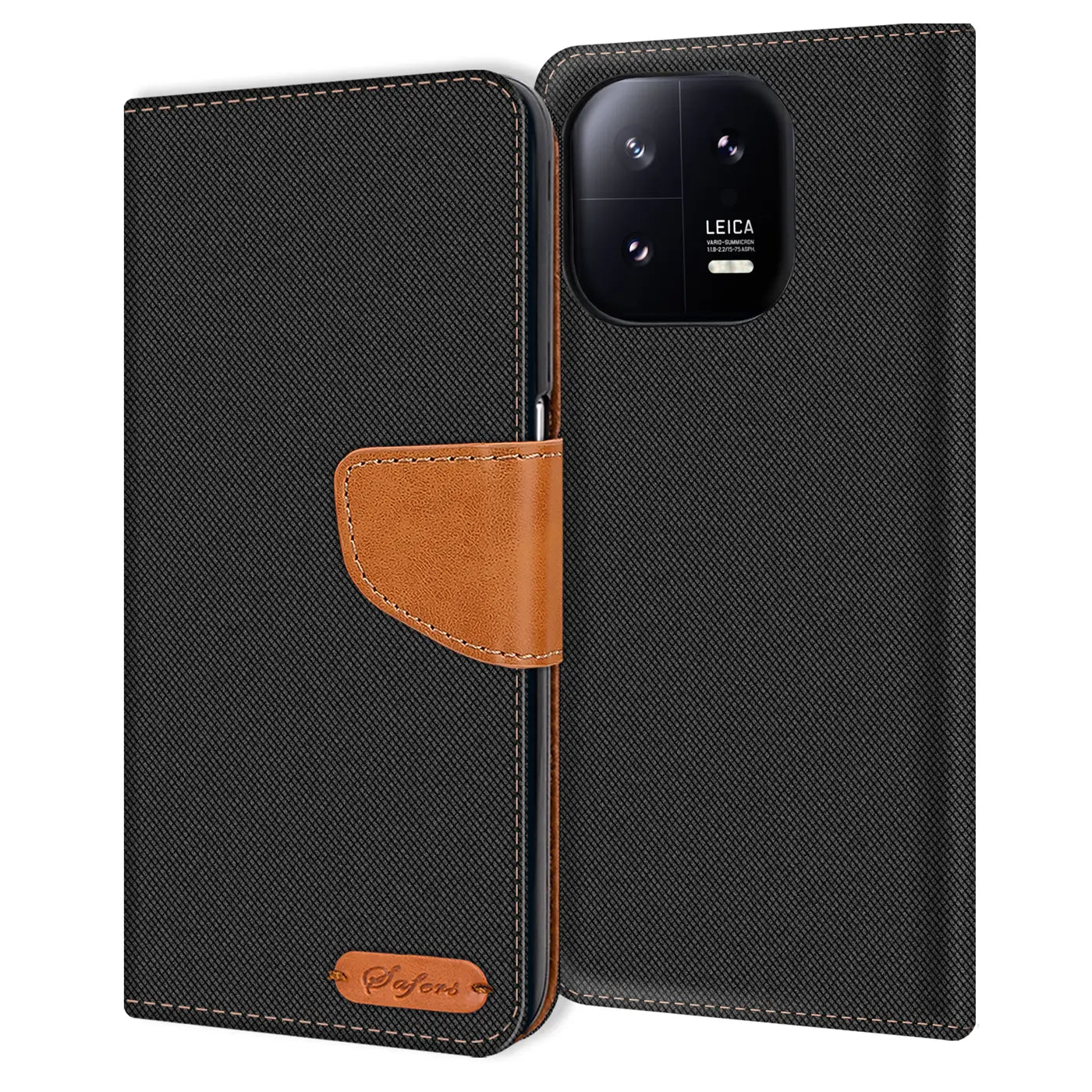 Schwarze Textil-Klapphülle mit braunem Lederakzent, geöffnet, zeigt Xiaomi 13 Pro.