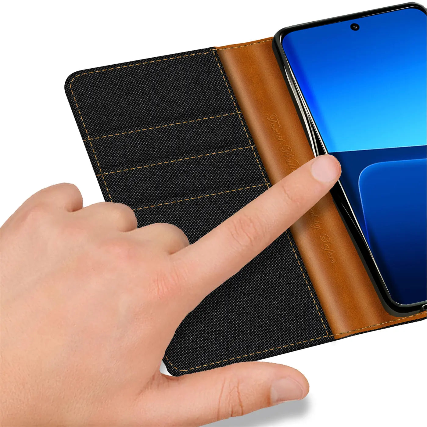 Klapphülle aus Textil/Leder, schwarz/braun, mit Kartenfächern, zeigt Xiaomi 13 Pro.