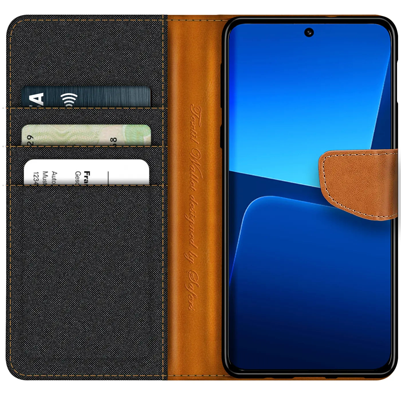 Textil-Klapphülle in Grau/Braun mit Kartenfach für Xiaomi 13, von vorne