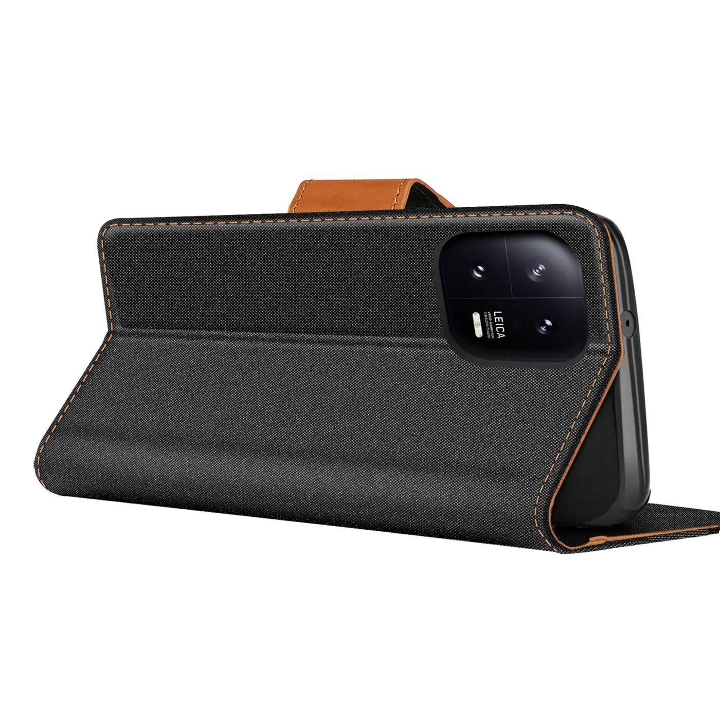 Textil-Klapphülle, schwarz/braun, für Xiaomi 13, von der Seite