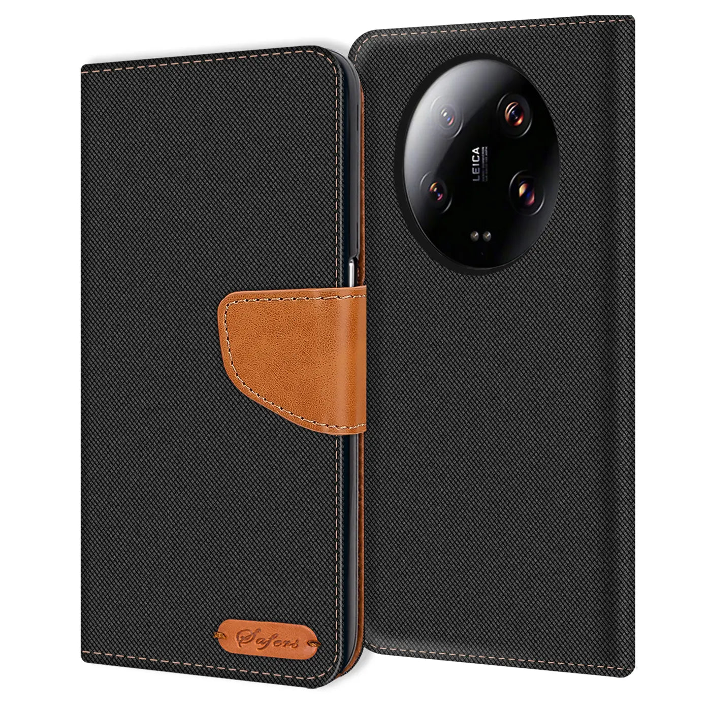 Schwarze Textil-Klapphülle mit braunem Lederakzent, von vorne, für Xiaomi 13 Ultra.