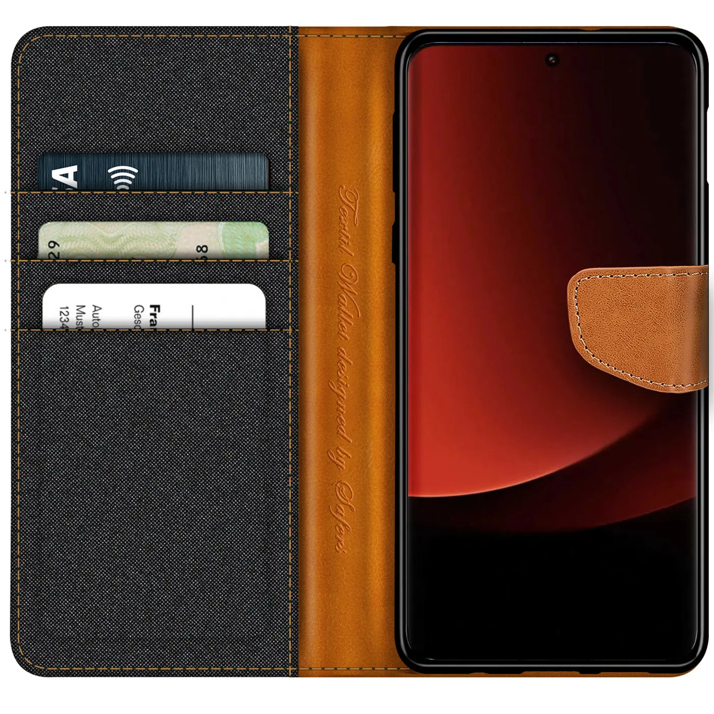 Textil-Klapphülle in Grau/Braun mit Kartenfach für Xiaomi 13 Ultra, von vorn