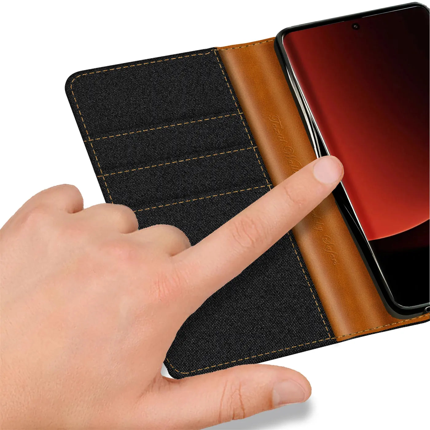 Textil-Klapphülle, schwarz/braun, mit Kartenfach, Xiaomi 13 Ultra, Nahaufnahme.