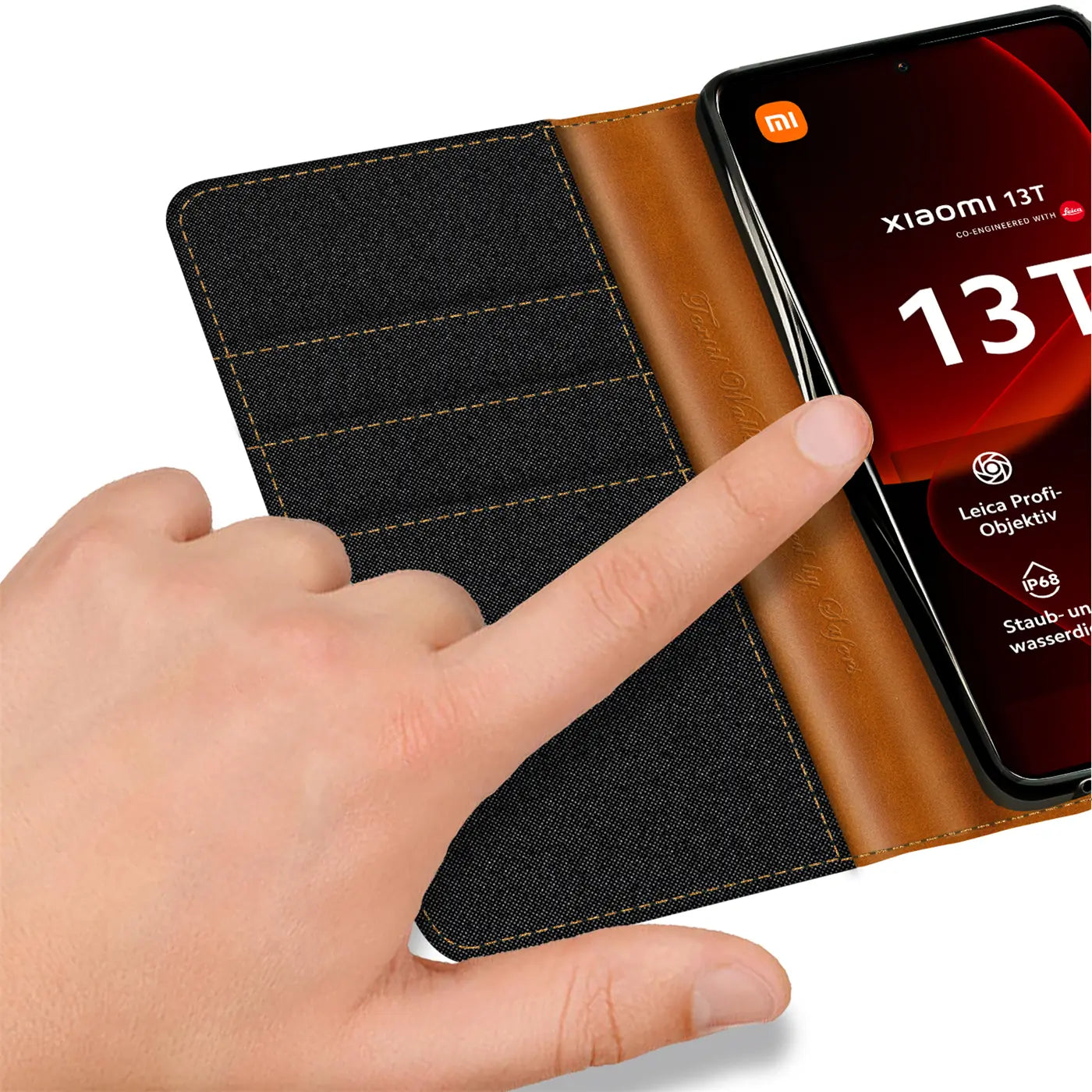 Schwarze Textil-Klapphülle mit braunem Leder, Xiaomi 13T/Pro, von oben links