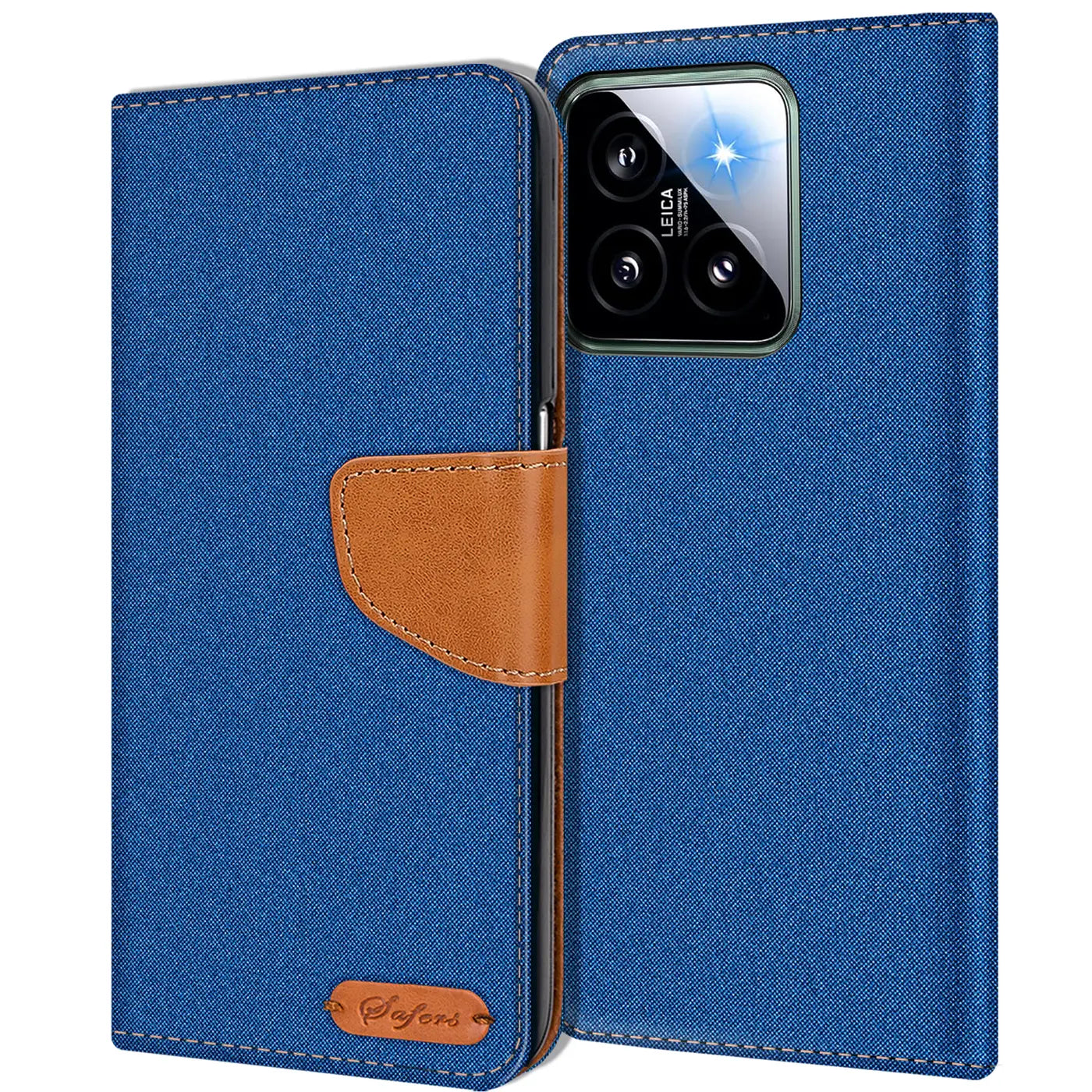 Blaue Textil-Klapphülle mit braunem Lederakzent für Xiaomi 14, Vorderansicht.
