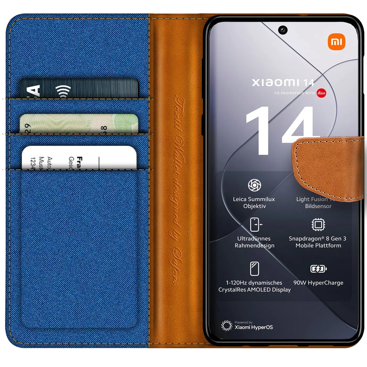 Blaue Textil-Klapphülle mit braunen Lederdetails und Kartenfächern, zeigt Xiaomi 14.