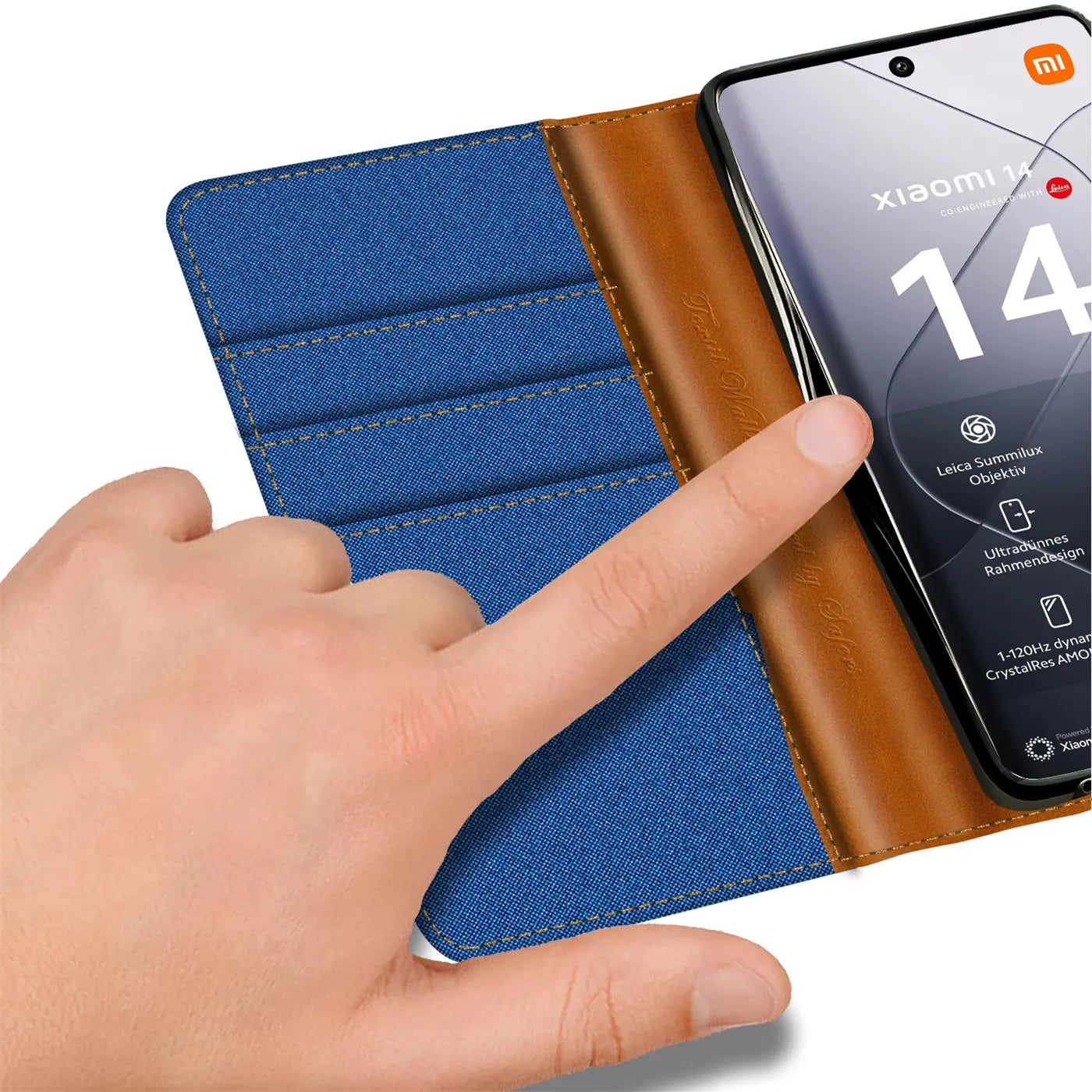 Blaue Textil-Klapphülle mit braunem Lederdetail, Kartenfach, Xiaomi 14 von oben links