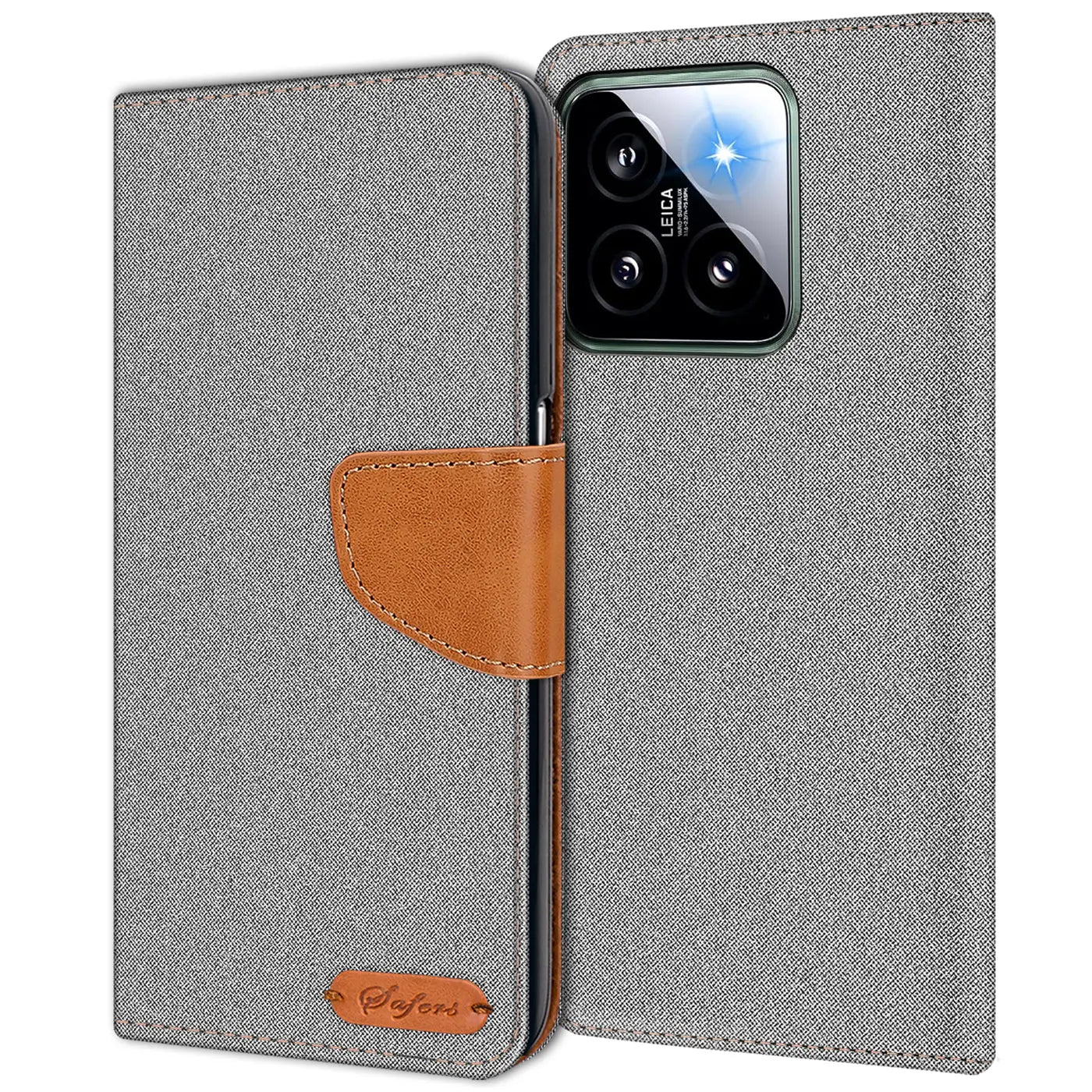 Graue Textil-Klapphülle mit braunem Lederakzent und Kartenfach, zeigt Xiaomi 14 Kamera.