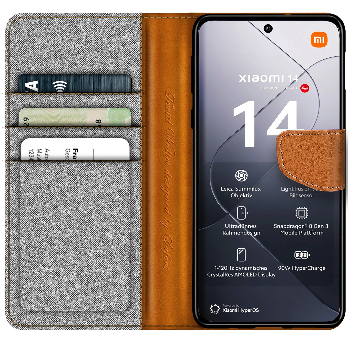 Graue Textil-Klapphülle mit braunen Lederdetails, offen, zeigt Xiaomi 14 und Kartenfächer.