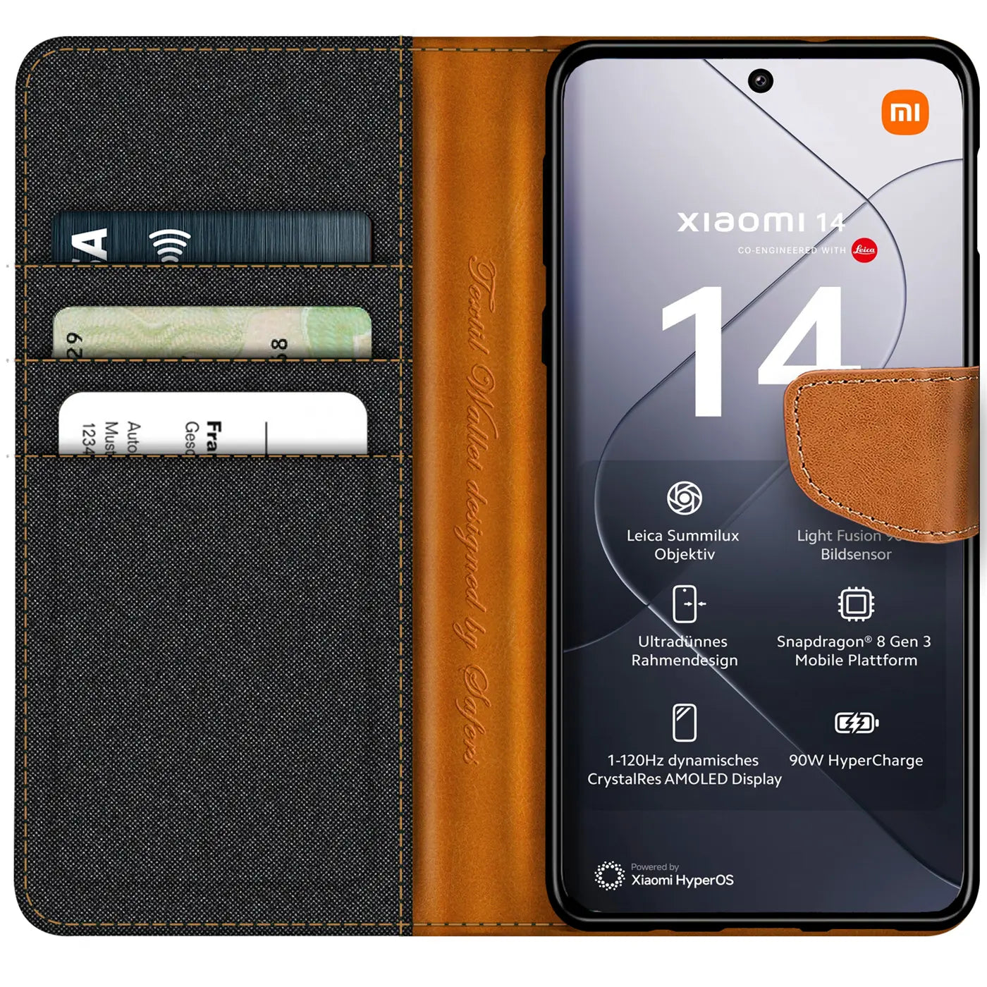 Textil-Klapphülle mit Kartenfach, braun/schwarz, für Xiaomi 14 Pro, von vorne