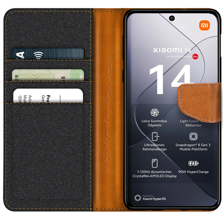 Xiaomi 14 Pro Klapphülle im Jeanslook mit Karten- und Geldfach