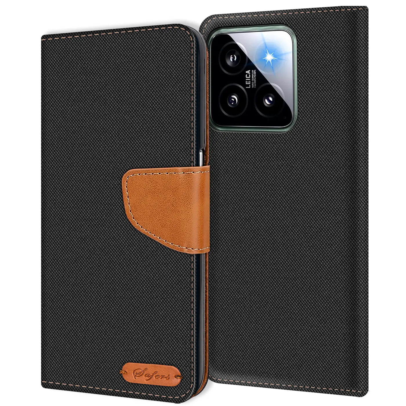 Schwarze Textil-Klapphülle mit braunem Lederakzent, zeigt Xiaomi 14 mit Leica-Kamera.