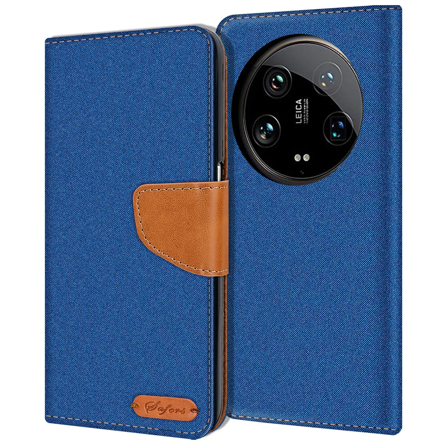 Blaue Textil-Klapphülle mit braunem Lederdetail und Kartenfach für Xiaomi 14 Ultra.