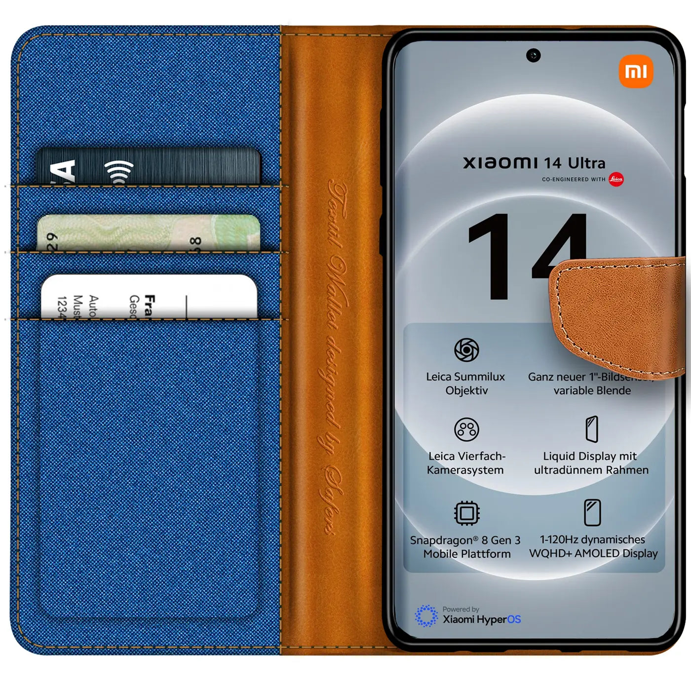 Blaue Textil-Klapphülle mit braunen Lederdetails, Kartenfach, zeigt Xiaomi 14 Ultra.