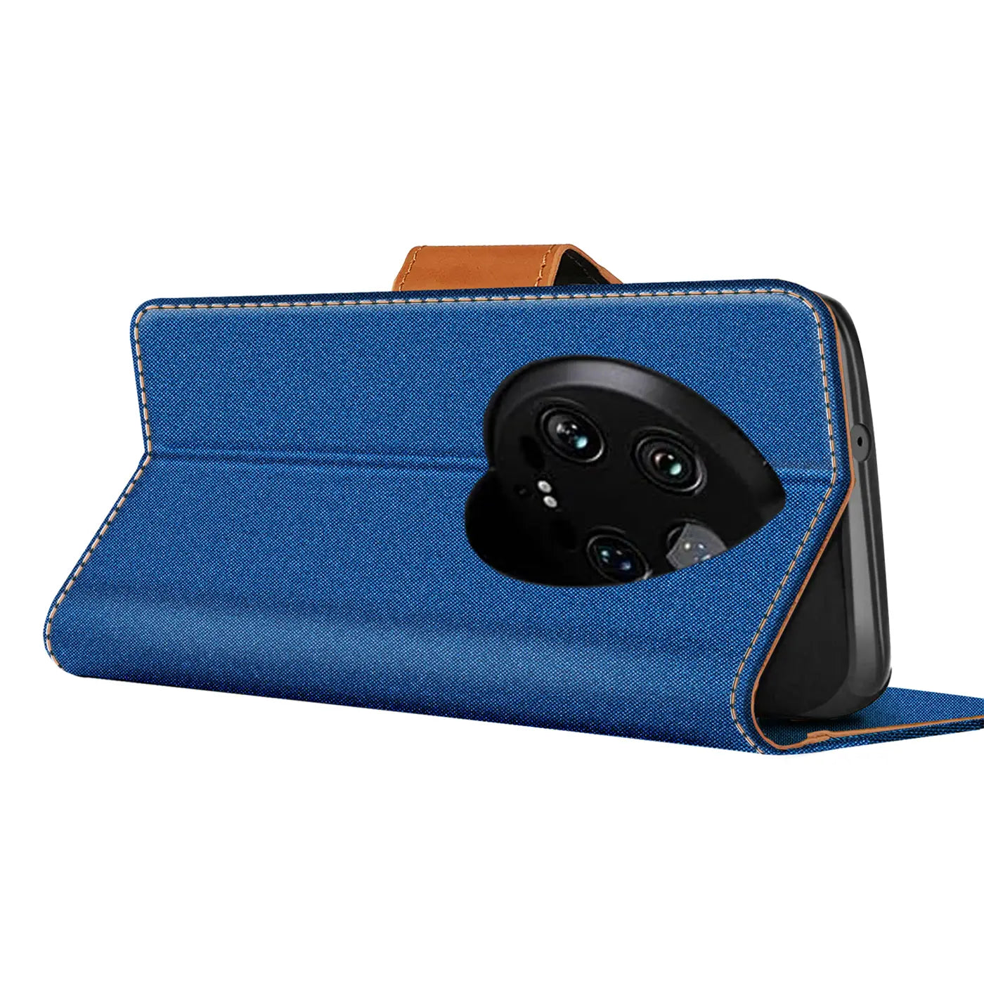 Blaue Textil-Klapphülle mit braunem Lederakzent, zeigt Kamera des Xiaomi 14 Ultra.