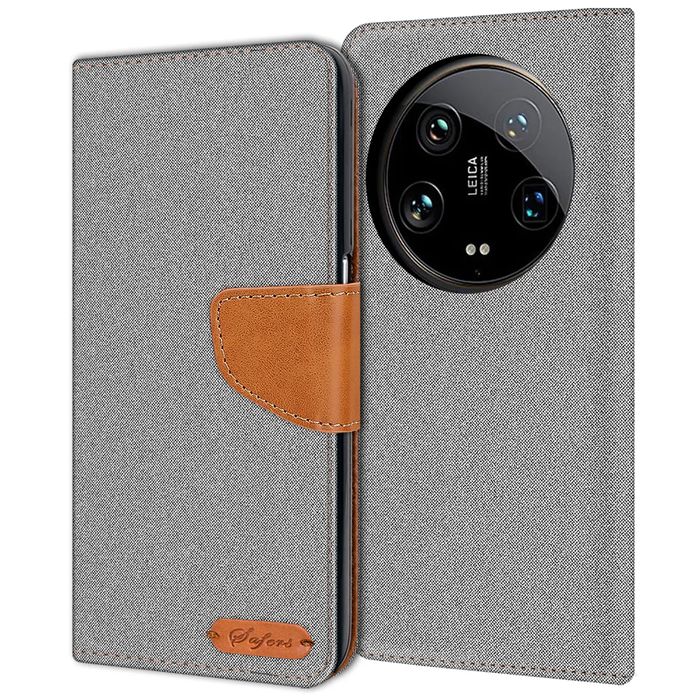 Graue Textil-Klapphülle mit braunem Lederdetail, zeigt Xiaomi 14 Ultra Kamera.
