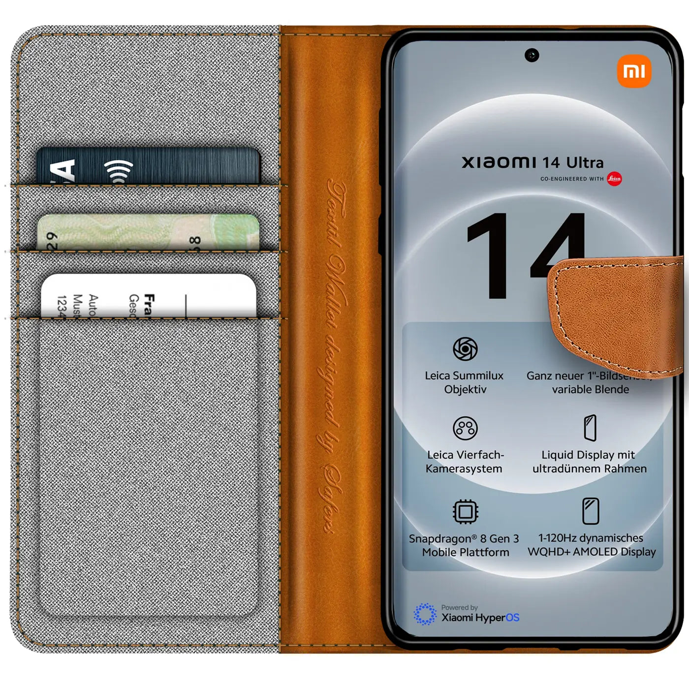 Graue Textil-Klapphülle mit braunen Lederdetails und Kartenfächern, zeigt Xiaomi 14 Ultra.