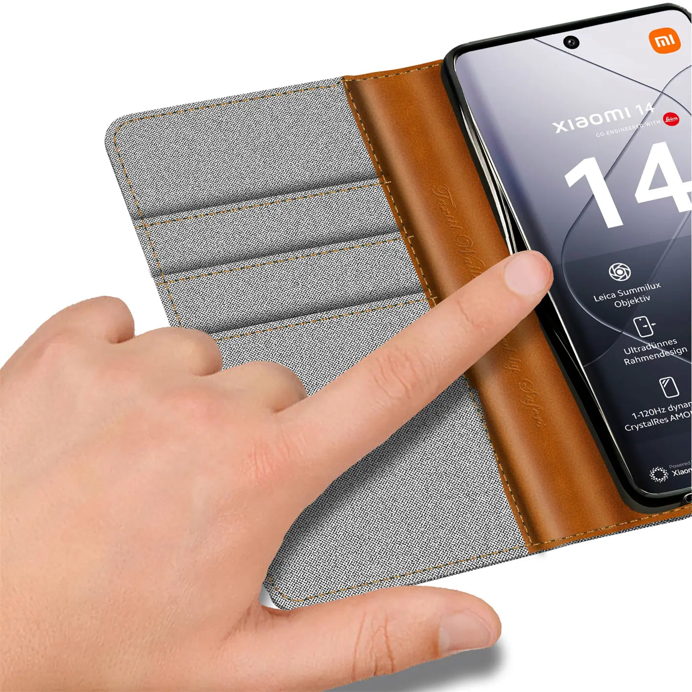 Graue Textil-Klapphülle mit braunen Lederdetails, Kartenfächer, Xiaomi 14 Ultra.