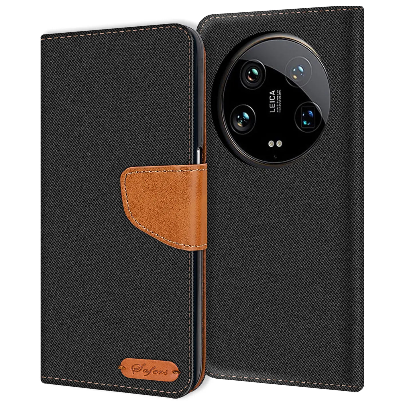Schwarze Textil-Klapphülle mit braunem Lederdetail und Kartenfach, Xiaomi 14 Ultra, Vorderansicht.