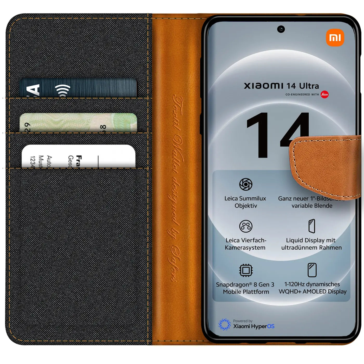 Textil-Klapphülle mit Kartenfach für Xiaomi 14 Ultra, Braun/Schwarz, von vorne
