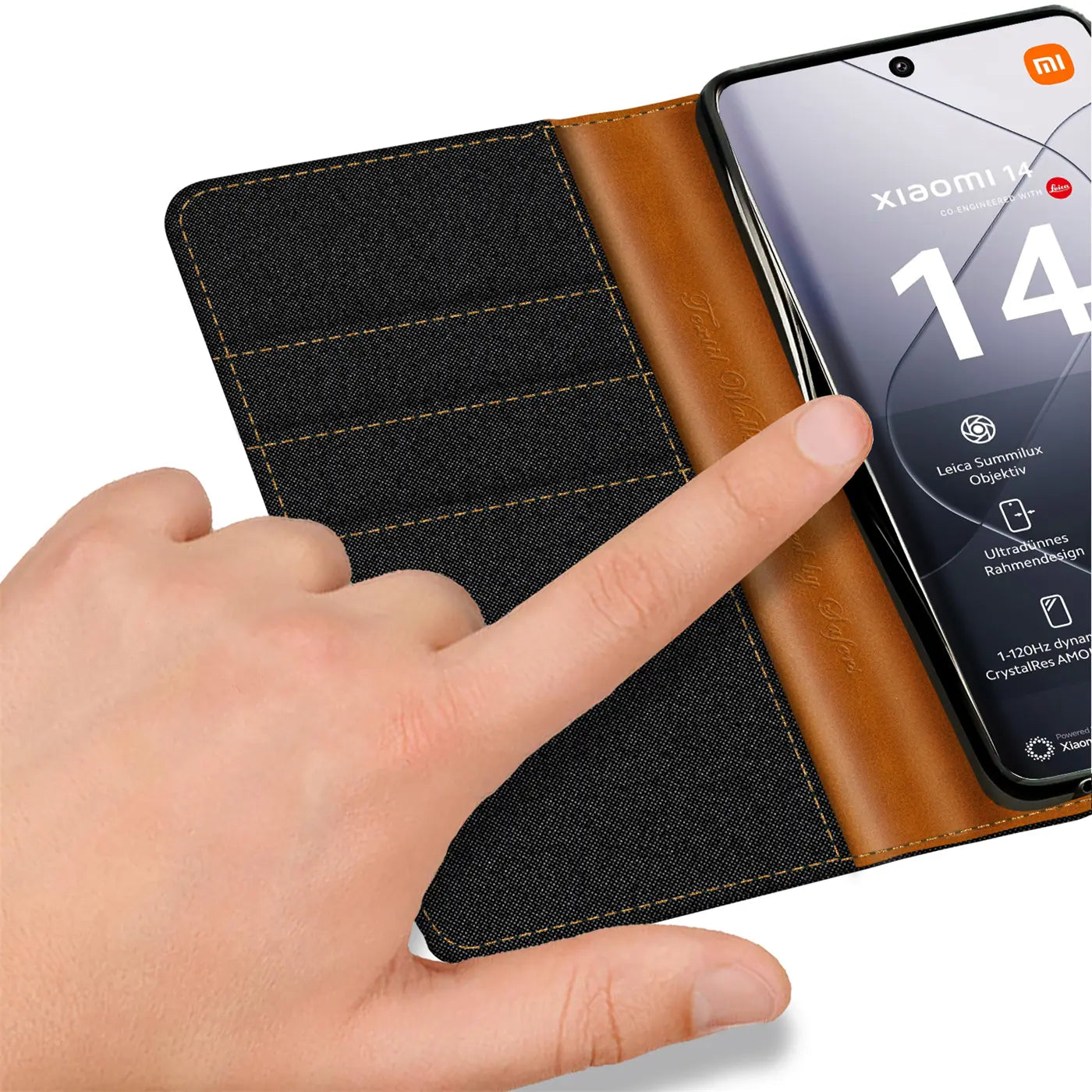 Xiaomi 14 Ultra Textil Klapphülle, schwarz/braun, Leder, von oben, mit Kartenfach