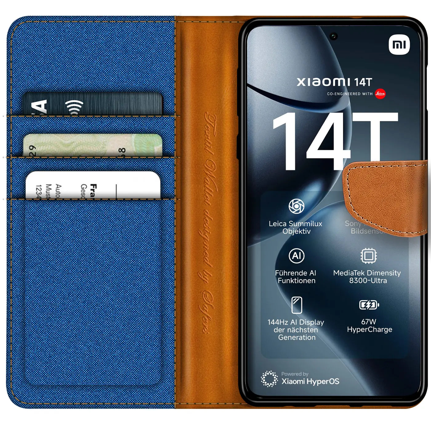 Blaue Textil-Klapphülle mit braunen Lederdetails, Kartenfächern, zeigt Xiaomi 14T.