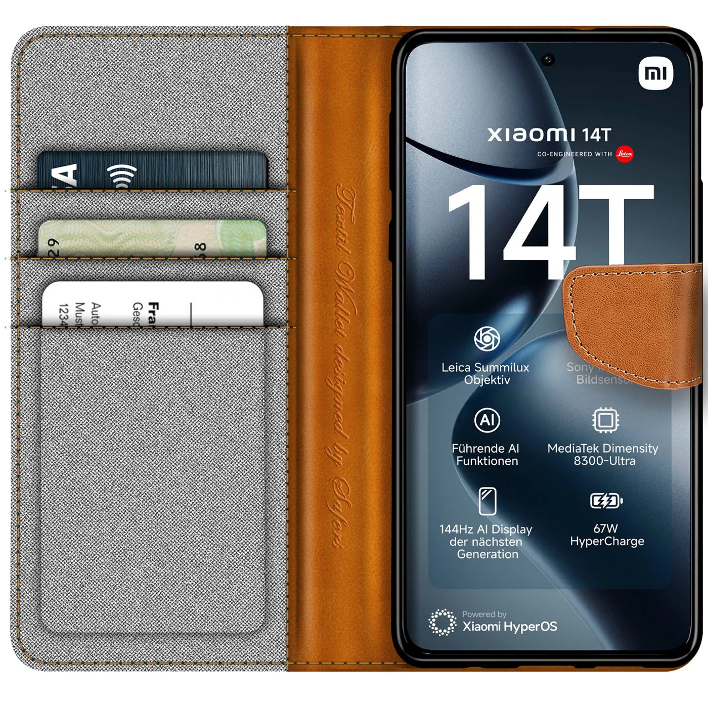 Graue Textil-Klapphülle mit braunen Lederdetails, Kartenfächern, zeigt Xiaomi 14T.