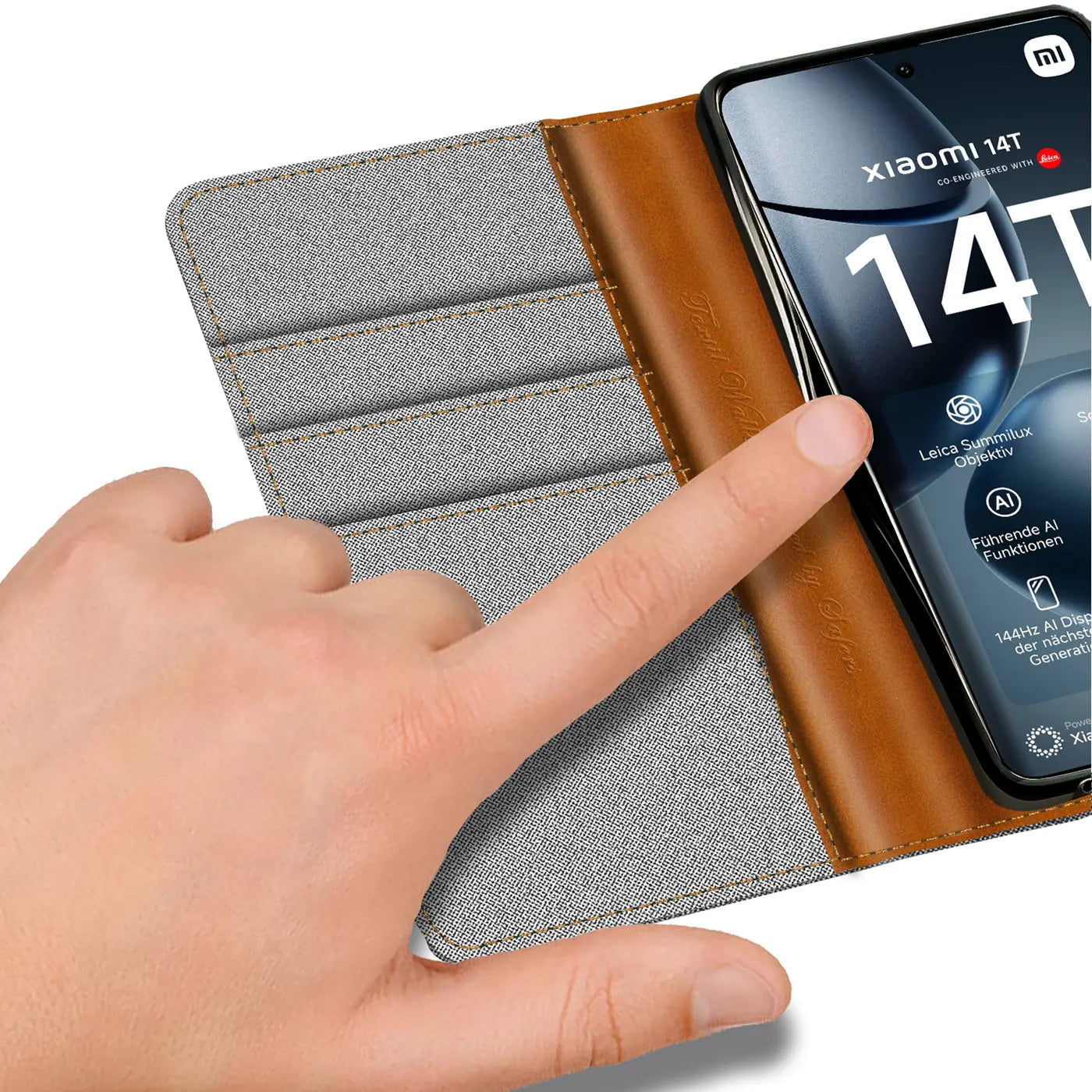 Graue Textil-Klapphülle mit braunen Lederdetails, von oben, zeigt Xiaomi 14T.