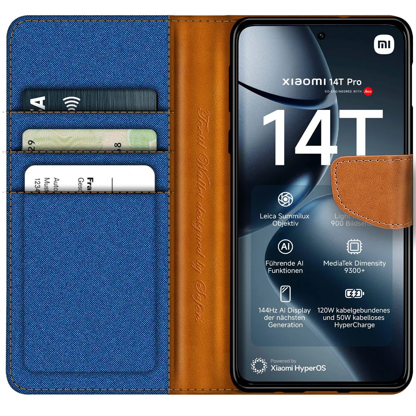 Blaue Textil-Klapphülle mit braunen Lederdetails und Kartenfächern, zeigt Xiaomi 14T Pro.