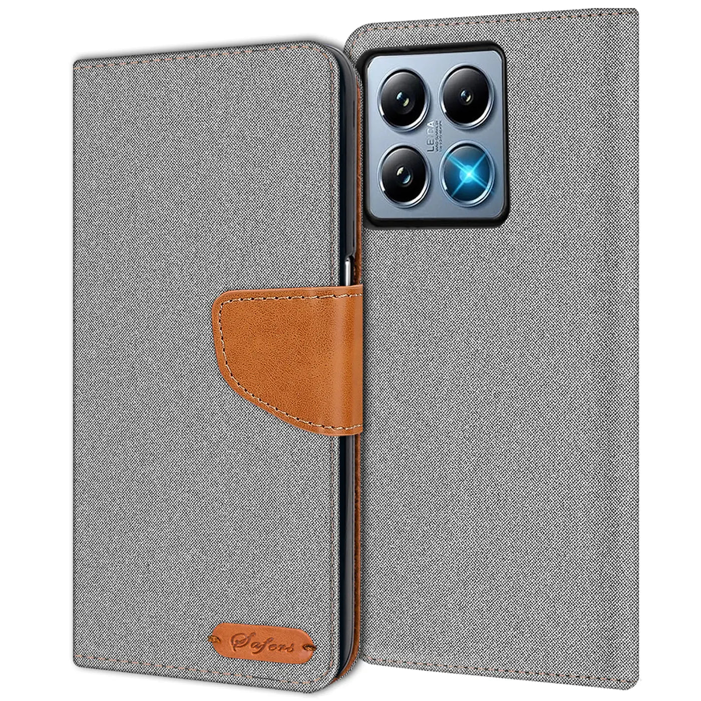 Graue Textil-Klapphülle mit braunem Lederdetail, offen, zeigt Xiaomi 14T Pro Rückseite.