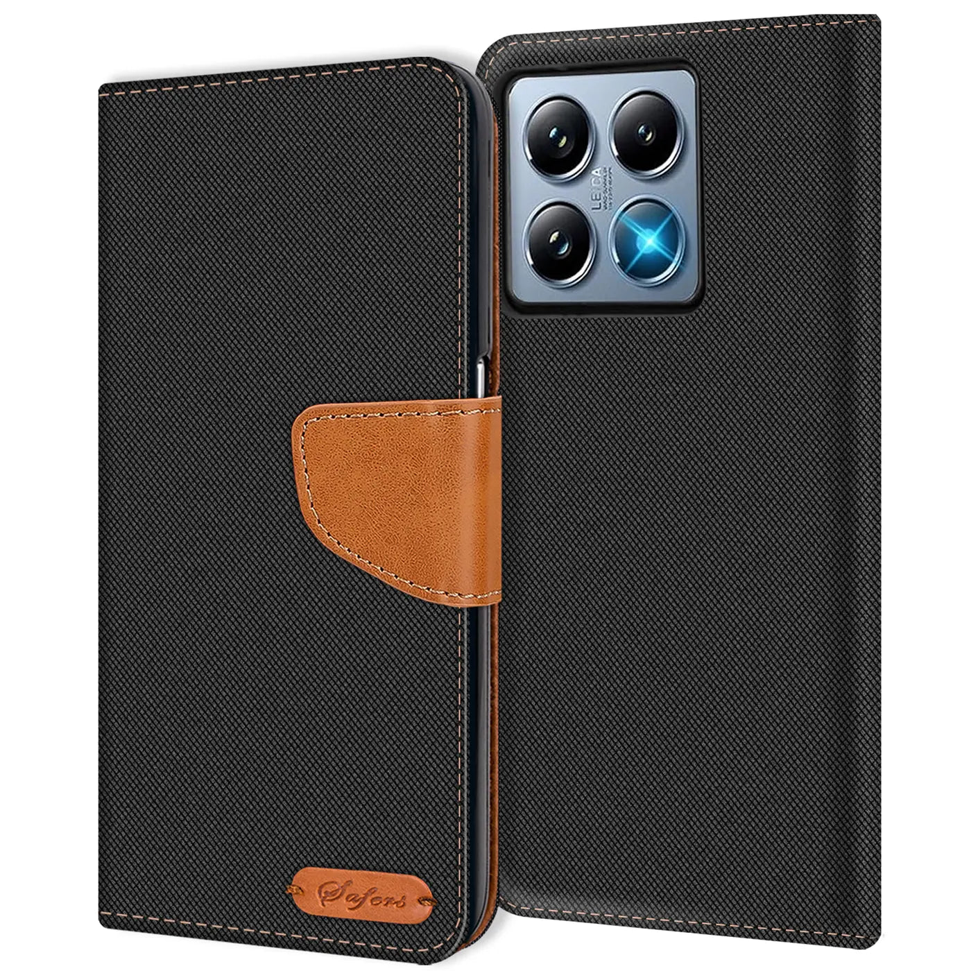 Schwarze Textil-Klapphülle mit braunem Lederakzent, von vorne, für Xiaomi 14T Pro.