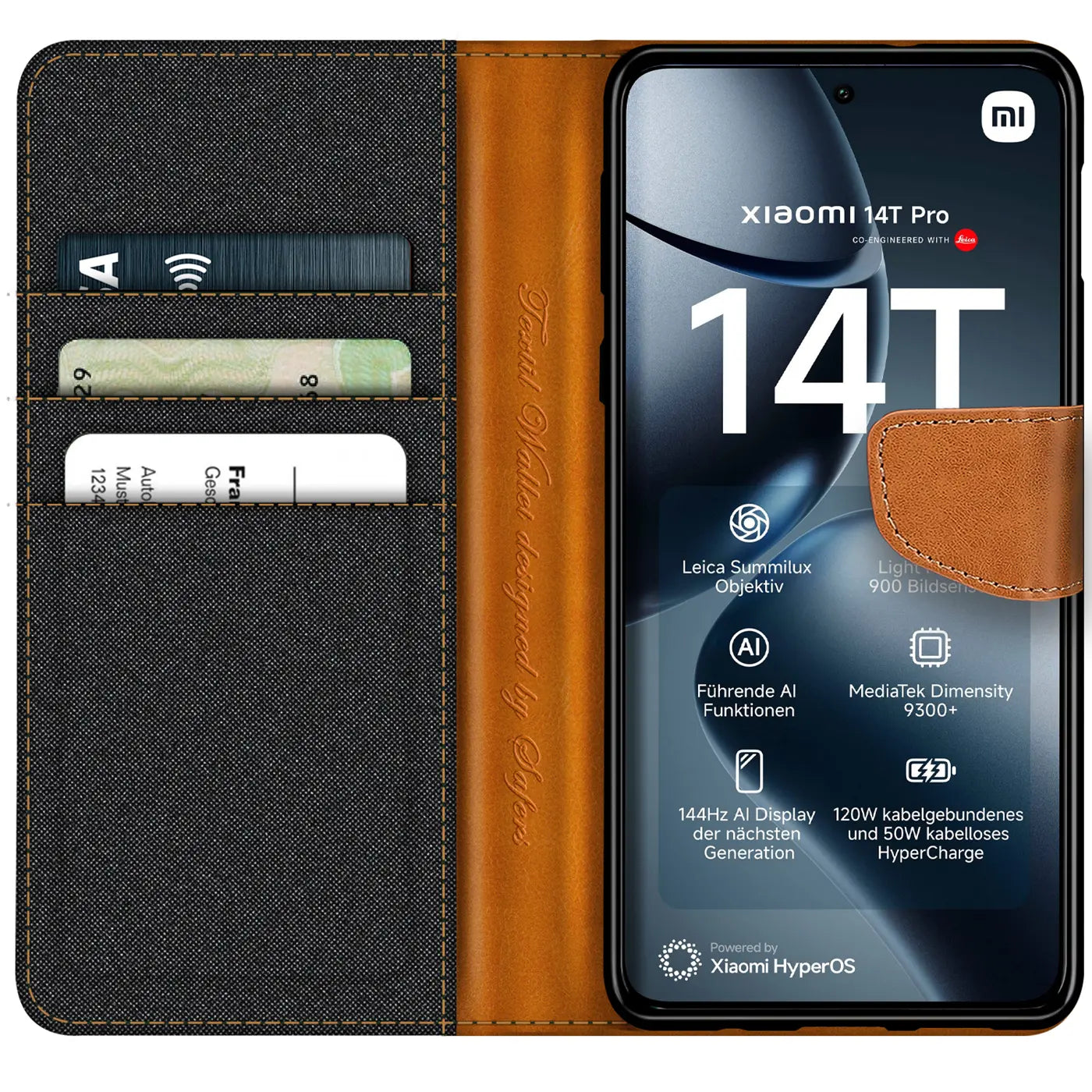 Textil-Klapphülle mit Kartenfach, braun/grau, für Xiaomi 14T Pro, von vorne