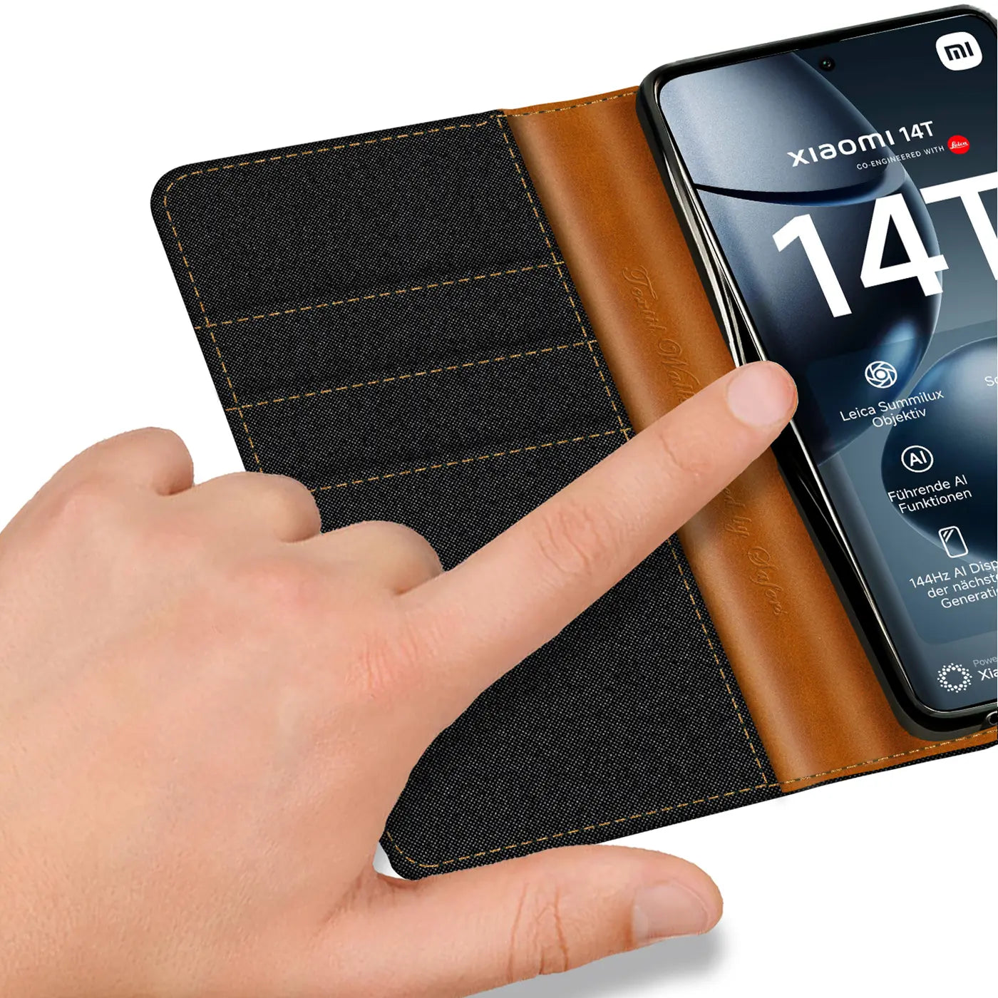 Textil-Klapphülle, schwarz/braun, mit Kartenfach, zeigt Xiaomi 14T Pro.